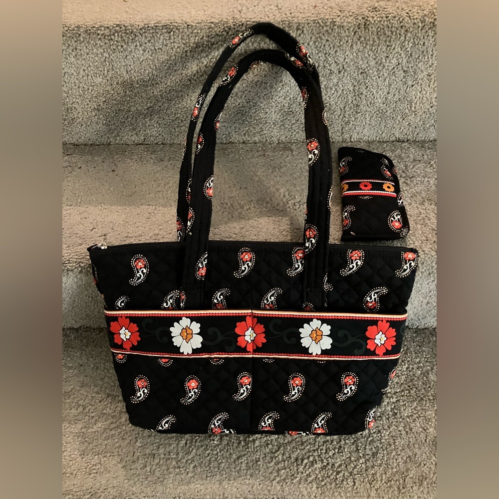 Like New! STEPHANIE DAWN Floral Paisley Black Tote Bag & Matching Eyeglass Case